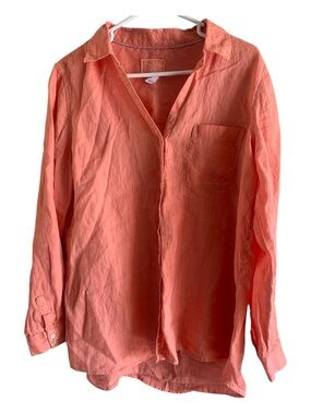 Sigrid Olsen Coral Linen Button-Front Top V neck Coastal Beachy Lagen Spring Top